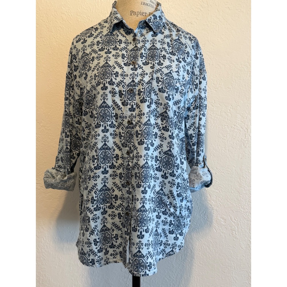 Jane + Delancey Blue Geometric Medallion Roll Tab Sleeve Button Down Shirt L